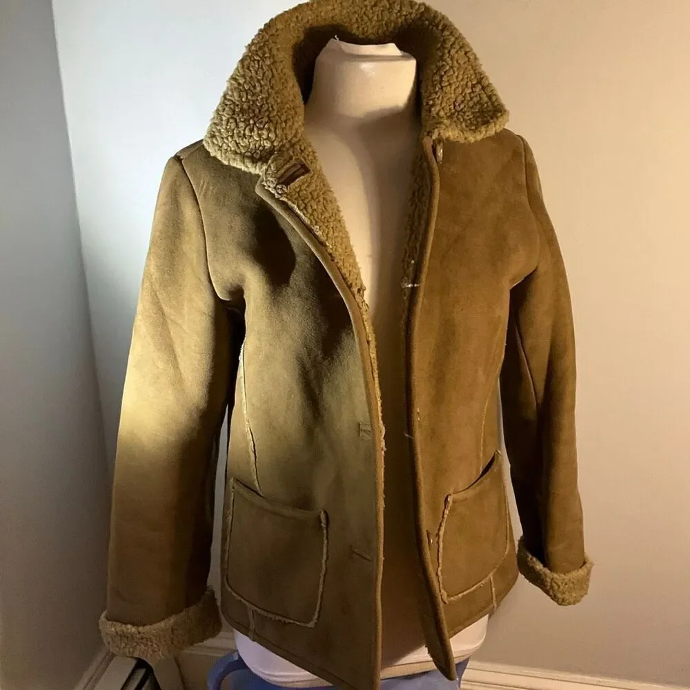 Fjall Sherpa Jacket, Small. Brown Pockets. Faux Suede, Shearling. Thick and warm